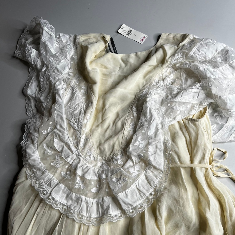 Anthropologie Ivory Lace Embroidered Pleated V-Neck Ruffle Dress Small NWT - Picture 2 of 10